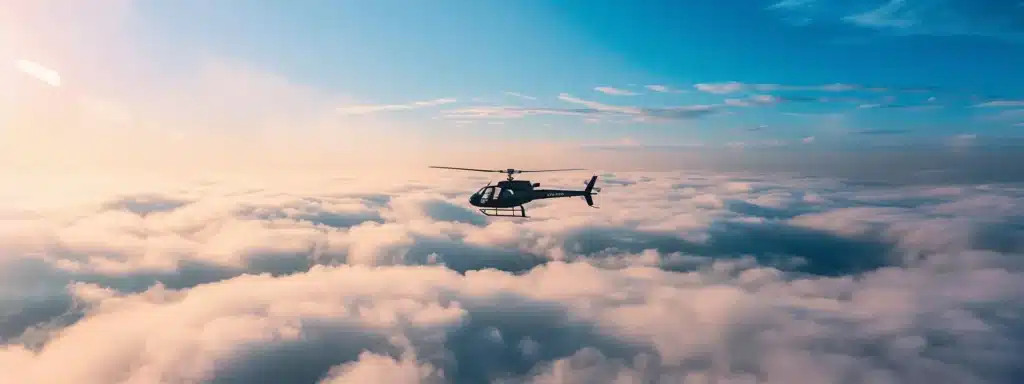 a helicopter pilot confidently navigating through the clouds, with a clear blue sky and stunning aerial views below.